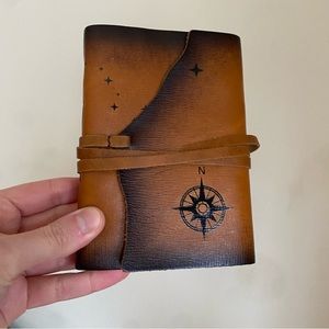 Small Brown Leather Journal with Compass Design and Leather Wrap Closure